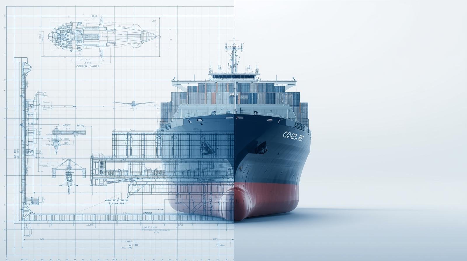 A digital rendering of a large cargo ship with a blueprint overlay on the left side, showing detailed technical diagrams of the ship's design.