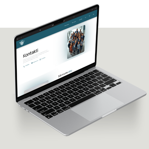 Open laptop displaying a website with a group of people on the screen.