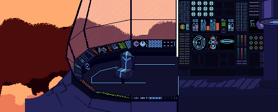 The cockpit of a spaceship with control panels and a view of mountains and a sunset through large windows.