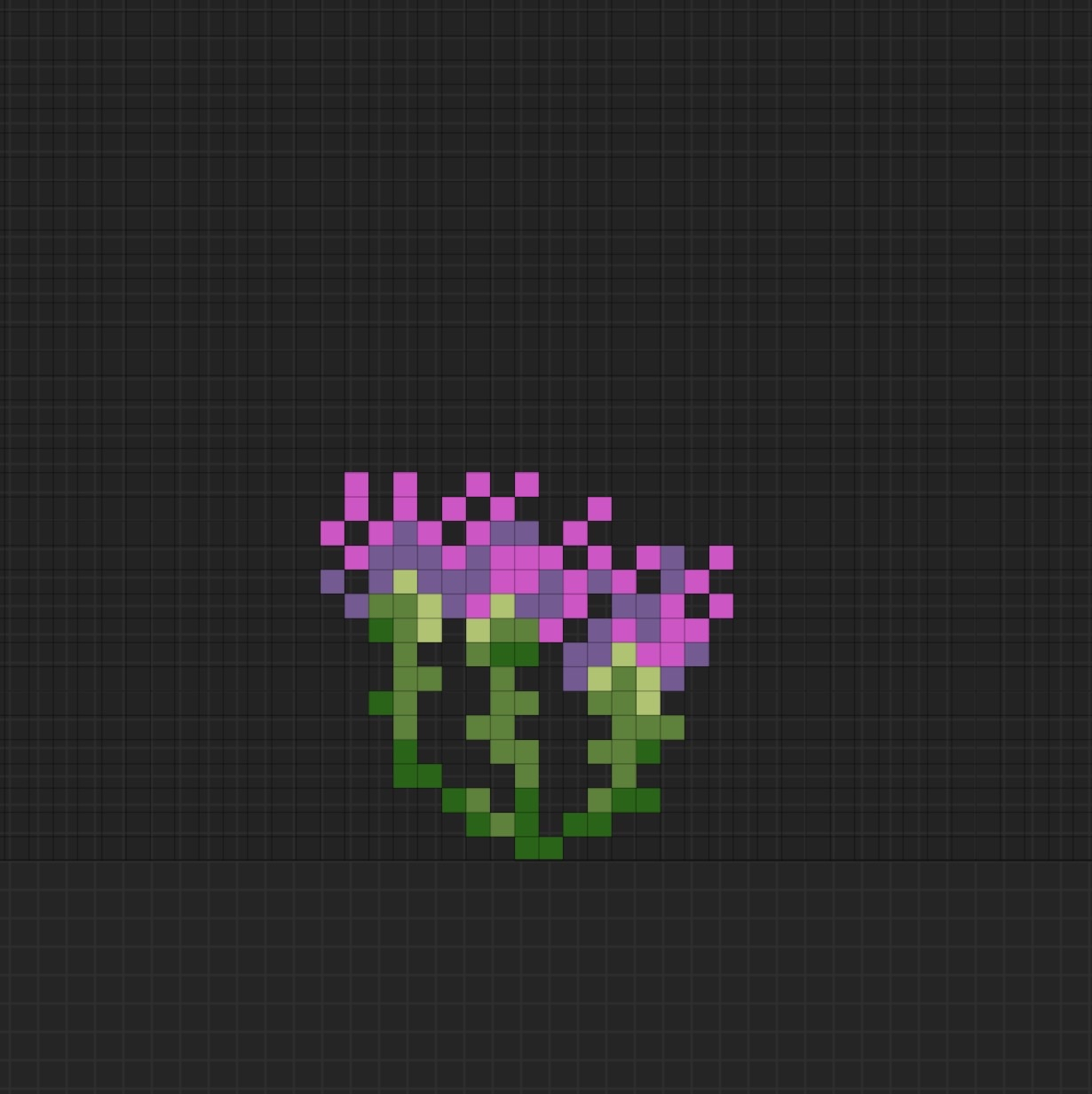 Pixel art of a purple flower with green leaves on a dark background.