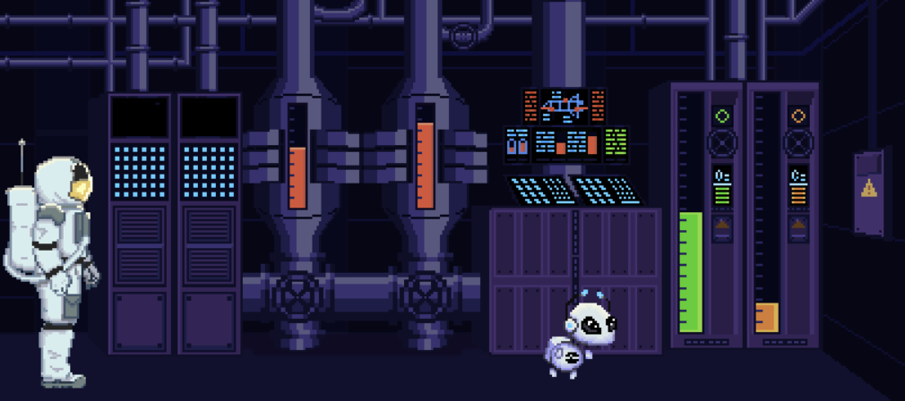 Pixel art of an astronaut standing in a spaceship or space station with equipment and machinery, including control panels and tanks, in the background.