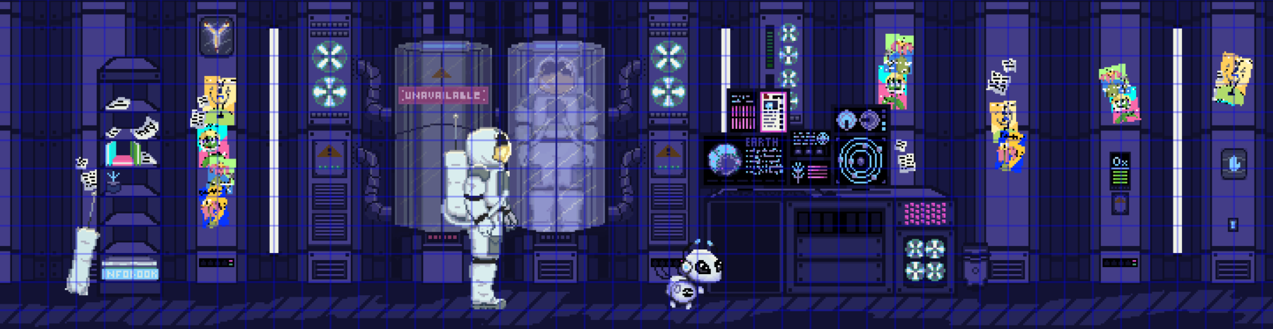 Pixel art scene inside a spaceship or space station with a humanoid astronaut in a space suit, a small robot, and various screens and monitors showing space data and planets.