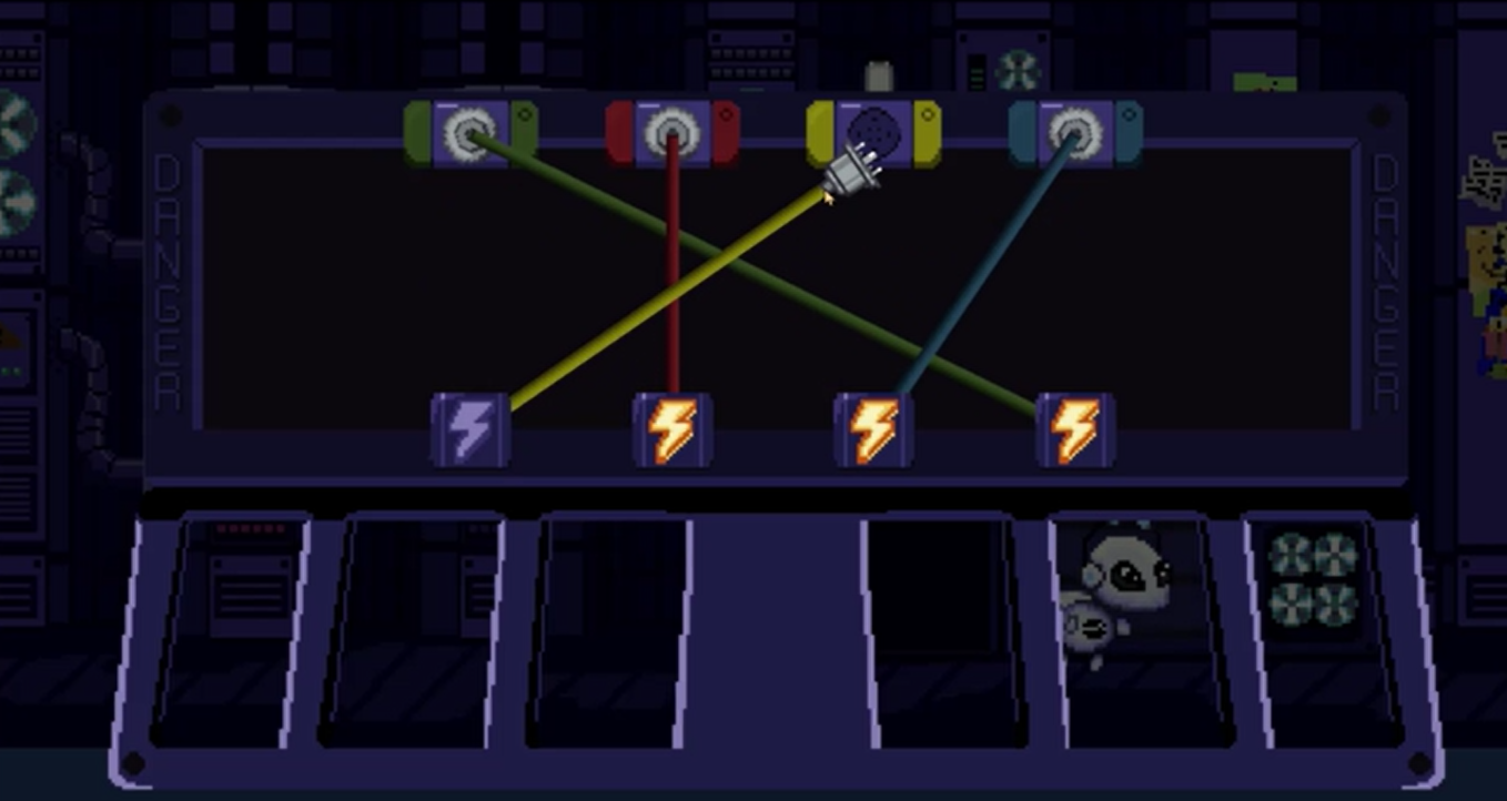 A pixel art image showing a digital circuit with interconnected wires and components. There are four grey blocks with lightning bolt icons at the bottom. At the top, there are five colored modules connected with wires, including green, red, yellow, and blue.