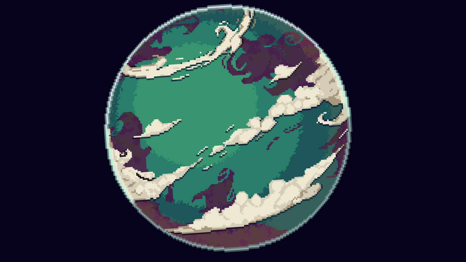 Pixel art illustration of the Earth with clouds and landmasses, set against a dark background.