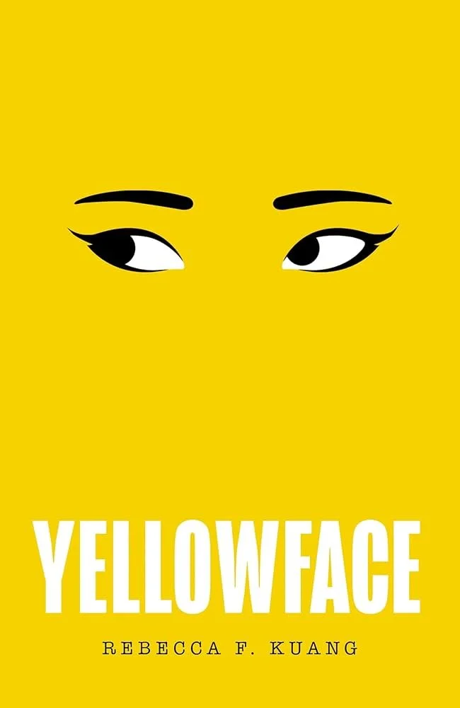 Book cover titled 'Yellowface' by Rebecca F. Kuang, featuring stylized eyes on a yellow background.