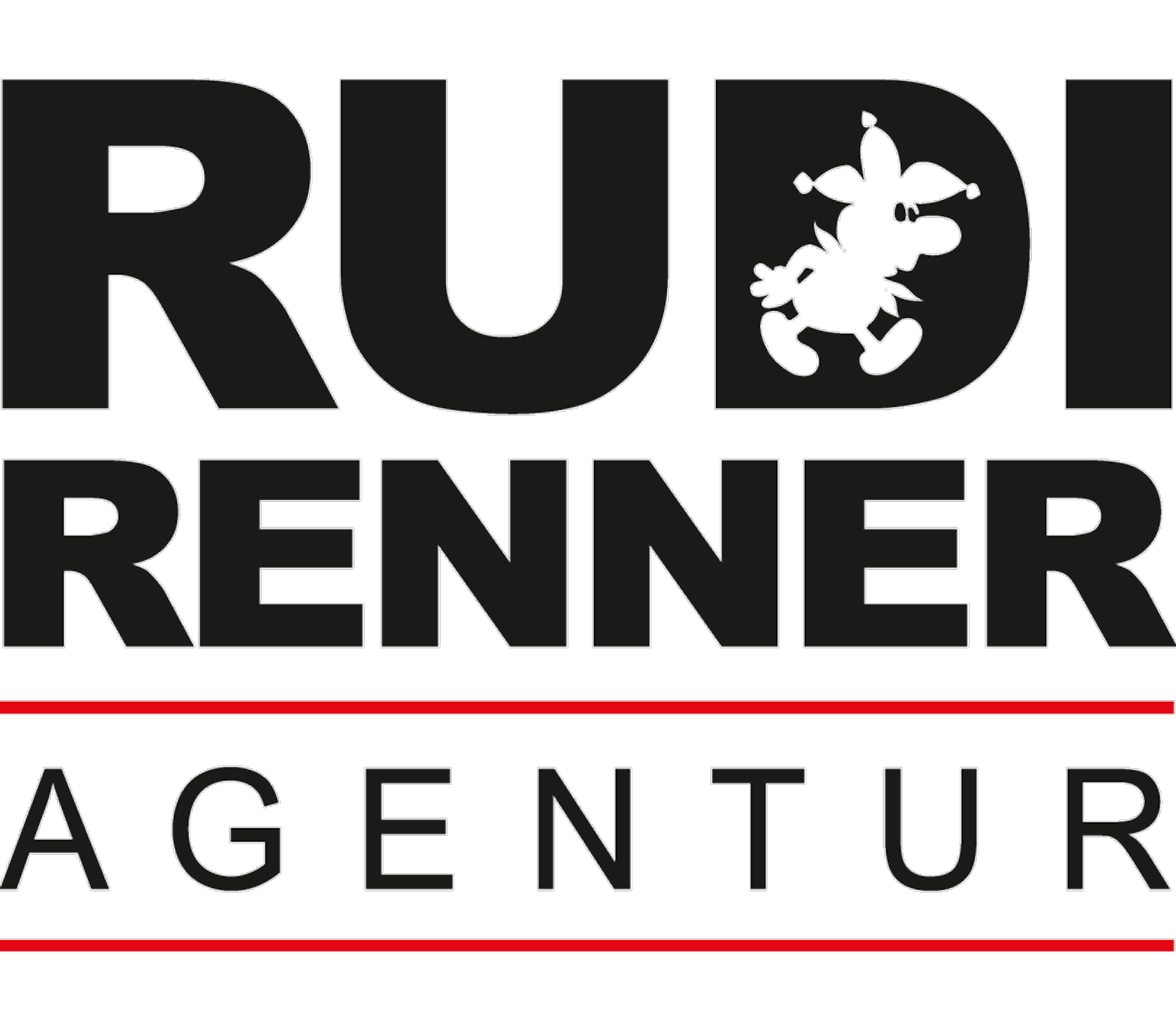 Schwarz-weißes Logo mit der Aufschrift 'RUD RENNER AGENTUR' und einer kleinen Zeichnung eines Comic-Charakters in einem Kreis, sowie roten Linien unter den Worten.