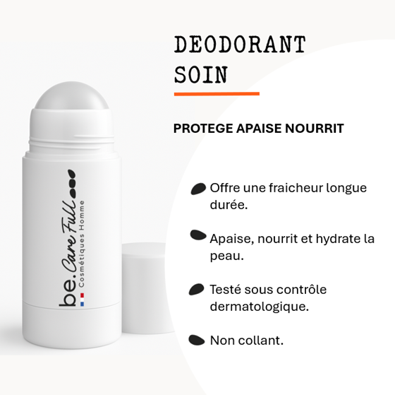 Déodorant en stick blanc avec inscription 'be. Que je Tulle' et un motif noir, à côté d'une ouverture de déodorant incolore, avec une liste de bienfaits en français, dans un design minimaliste.