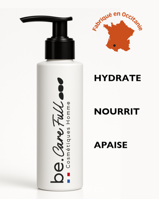 Une bouteille de soins cosmétiques avec un distributeur noir, inscription "be. douce Full..." et un logo français, avec une carte de la France indiquant l'Occitanie, et les mots "HYDRATE", "NOURRIT", "APAISE".