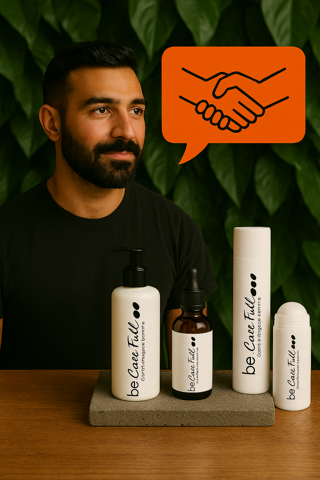 Un homme avec une barbe et des cheveux sombres regarde vers la gauche, debout derrière une table avec plusieurs produits de soin en bouteilles blanches, devant un fond de feuilles vertes, avec une bulle de dialogue orange contenant une illustration de poignée de main.