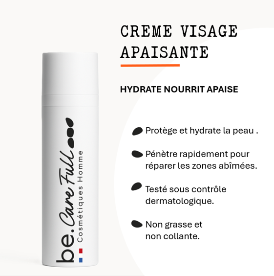 Une bouteille de crème visage apaisante de la marque be. Carefull, avec des instructions en français pour l'hydratation et la réparation de la peau.