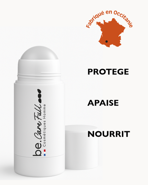 Déodorant blanc avec un fond blanc, logo français, texte en français : 'Fabriqué en Occitanie', 'Protège', 'Apaise', 'Nourrit'.