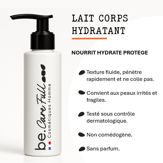 Flacon de lait corporel hydratant de la marque Be. Full Homme, avec texte en français décrivant ses caractéristiques, notamment qu'il nourrit, hydrate, ne colle pas, convient pour les peaux irritées et fragiles, testé dermatologiquement, non comédogène, sans parfum.