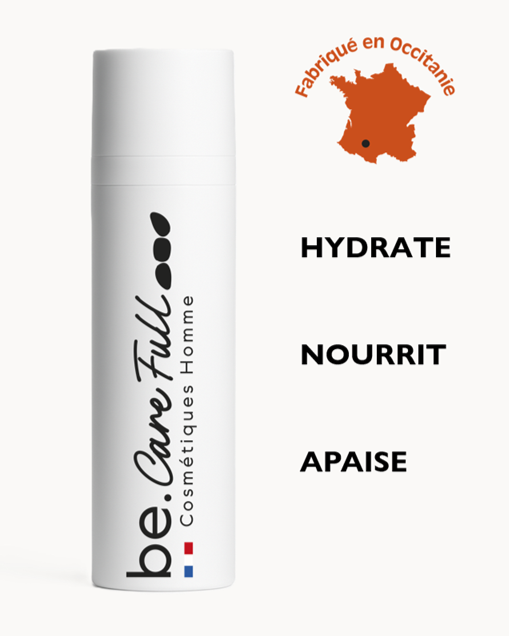 Un stick cosmétique blanc avec le texte "be CareFull Homme" et un drapeau français, accompagné d'une carte de la France en orange avec la mention "Fabriqué en Occitanie".