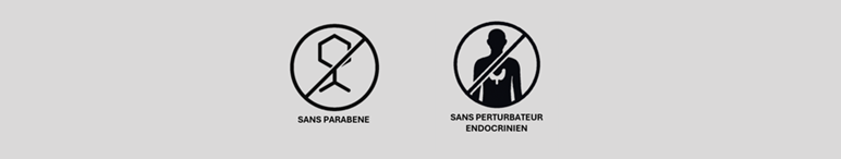 Deux symboles indiquant ''sans parabène'' et ''sans perturbateur endocrinien''.
