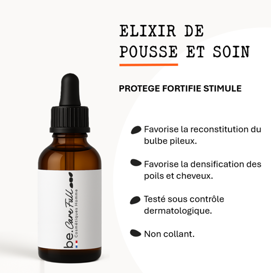 Flacon d'élixir de pousse et soin pour le cuir chevelu sans emballage, avec texte décrivant ses bienfaits pour les cheveux et le cuir chevelu.