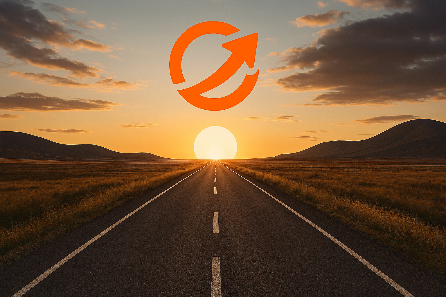 Une route droite traversant un paysage de plaines et de collines au coucher du soleil, avec un symbole de recyclage orange flottant au-dessus.