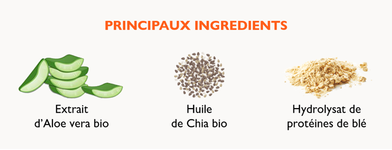 Ingrédients principaux: feuilles d'aloé vera bio, graines de chia bio, poudre de protéines de blé.