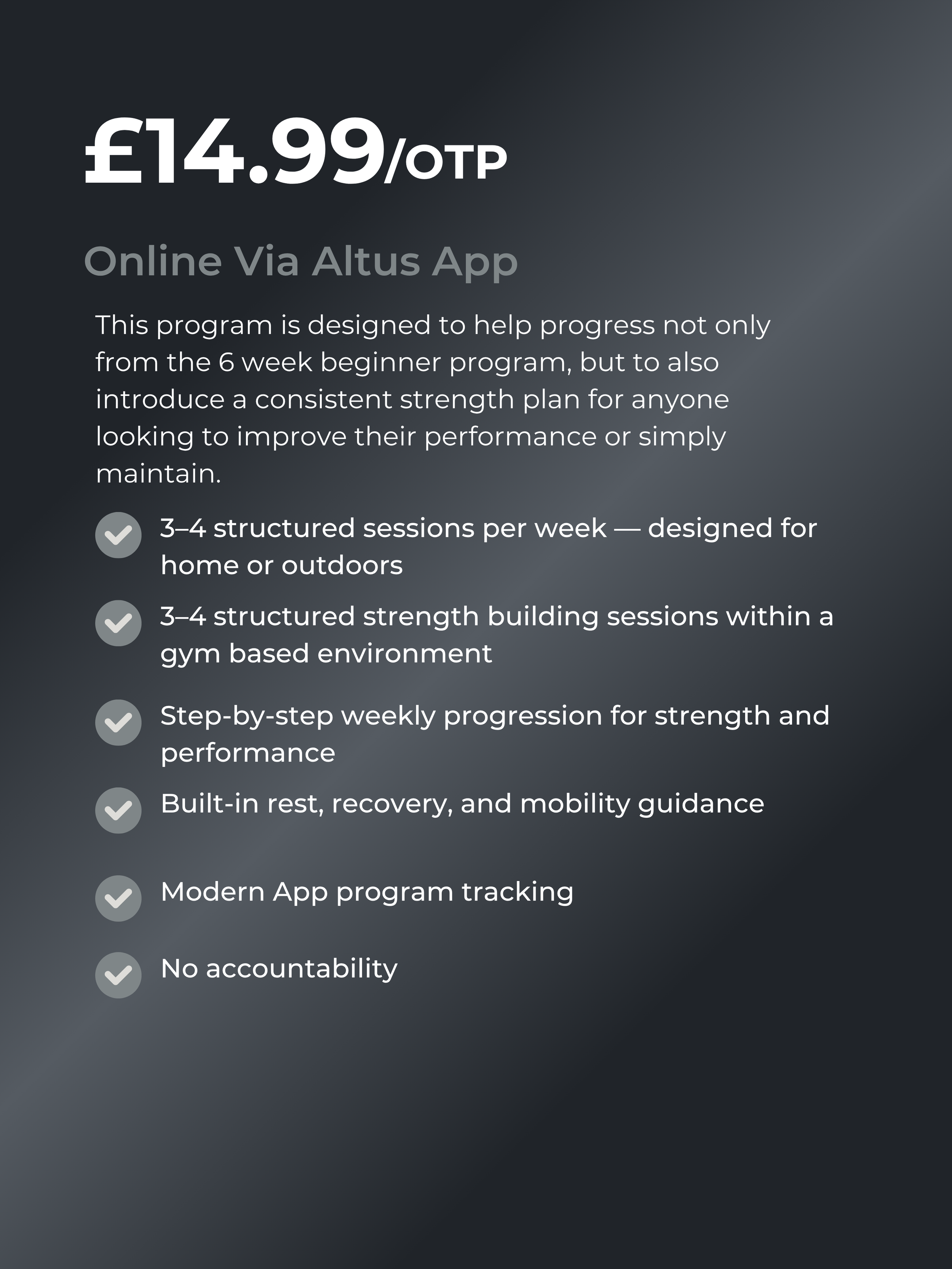 Information about an online fitness program priced at £14.99, detailing its features such as structured sessions, strength building, weekly progression, built-in rest, app tracking, and no accountability.