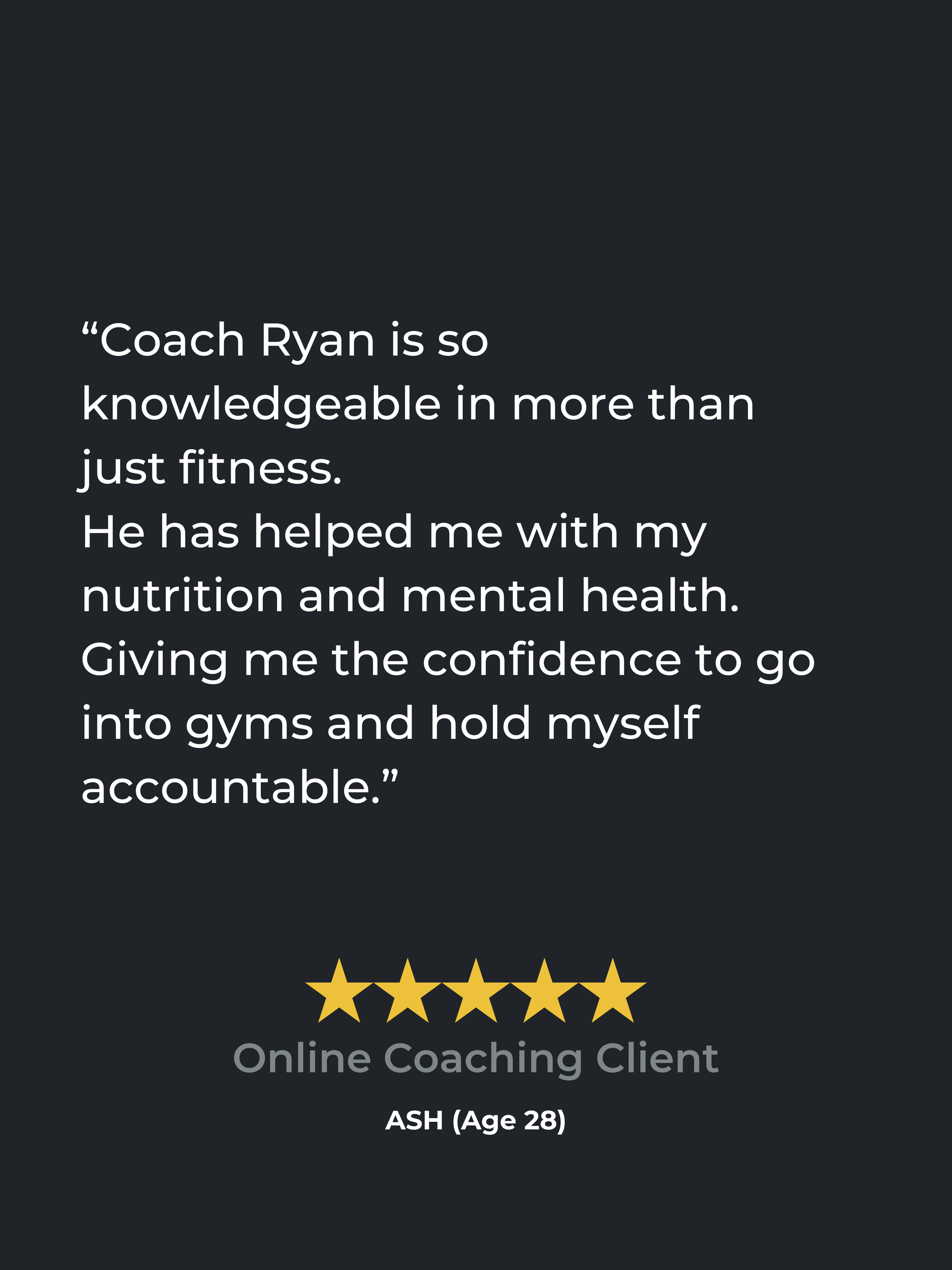 Customer testimonial for Altus Performance LTD with five-star rating for online coaching, praising Coach Ryan's knowledge in fitness, nutrition, and mental health, signed by Ash, age 28.