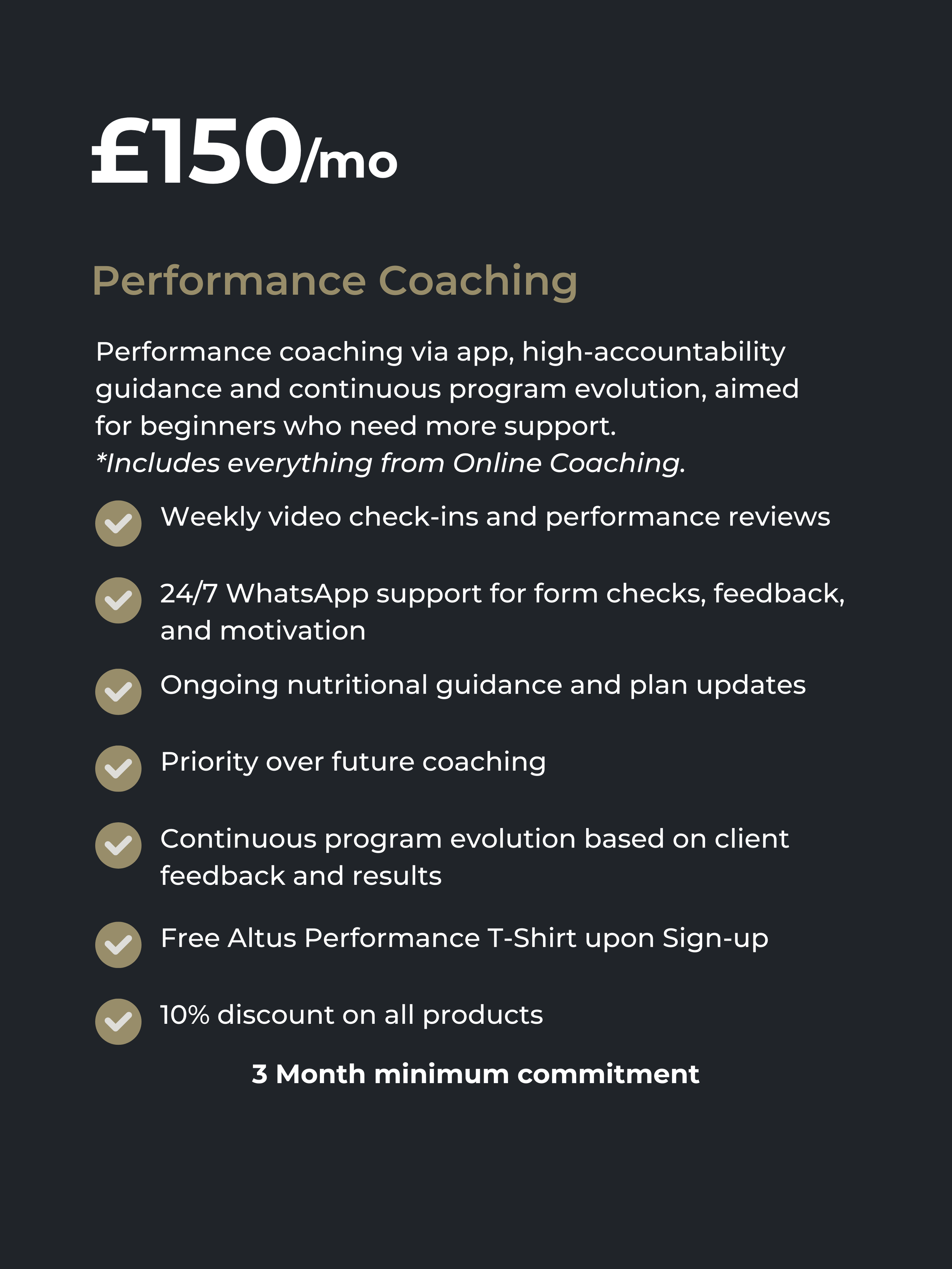 Pricing and details of performance coaching for £150 per month, including weekly video check-ins, WhatsApp support, nutritional guidance, and a 3-month commitment.