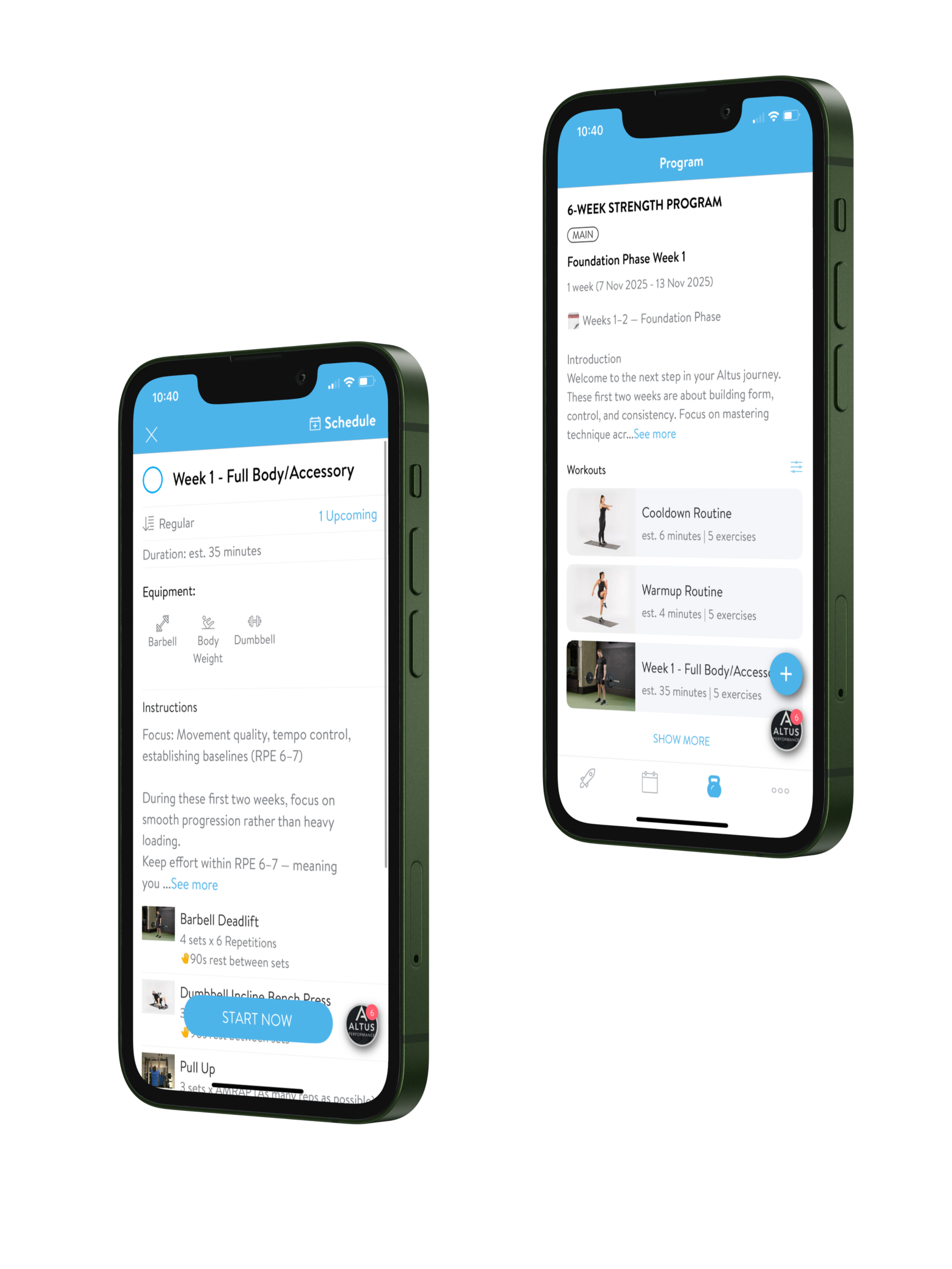 Two smartphones displaying fitness training app screens, one showing a schedule and the other showing a program with workout details and exercises.