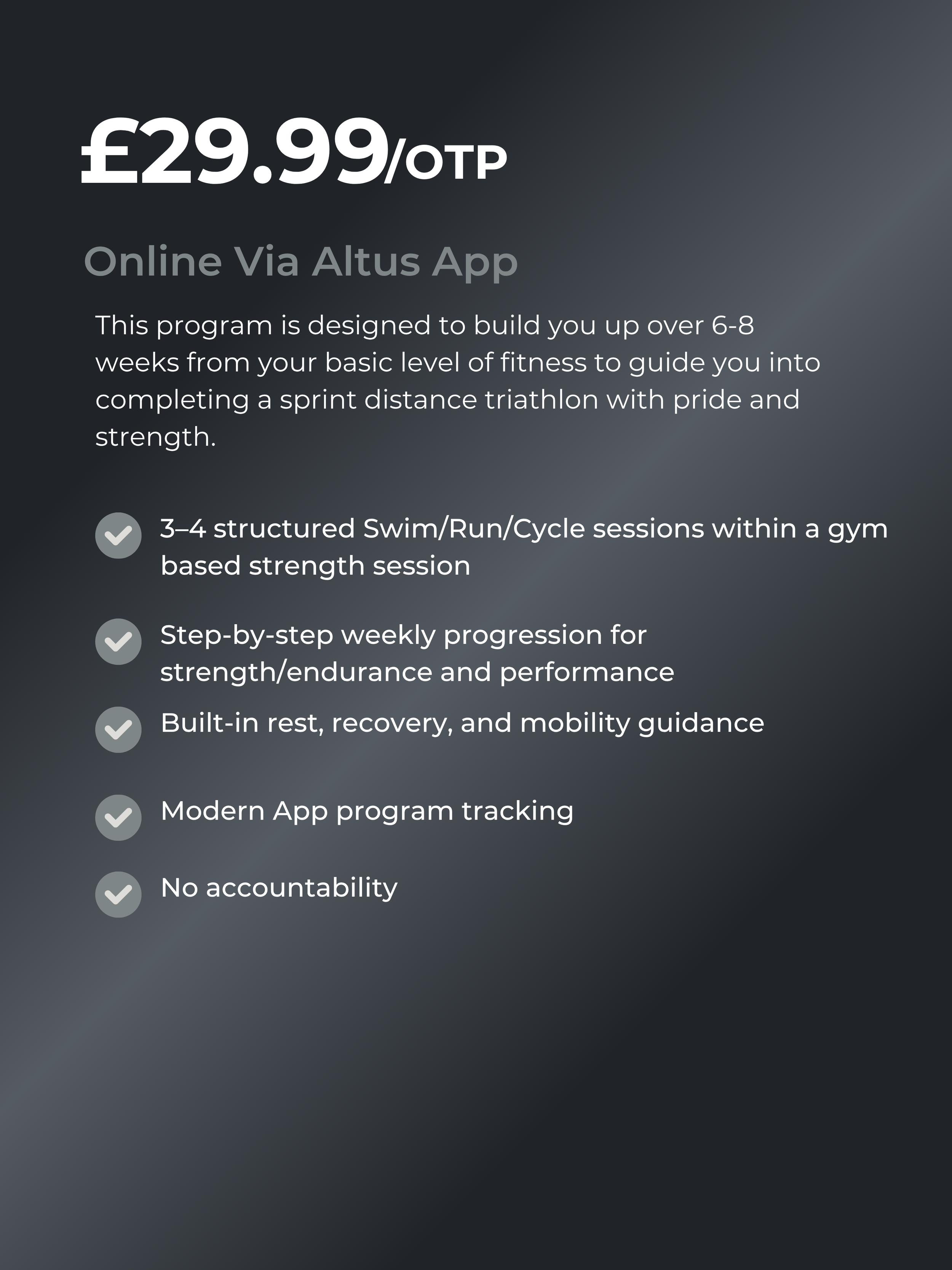 Pricing and features details for an online fitness program priced at £29.99 via the Altus app, outlining a 6-8 week training plan with structured swim, run, and cycle sessions, weekly progression, built-in rest and recovery, app tracking, and no accountability.