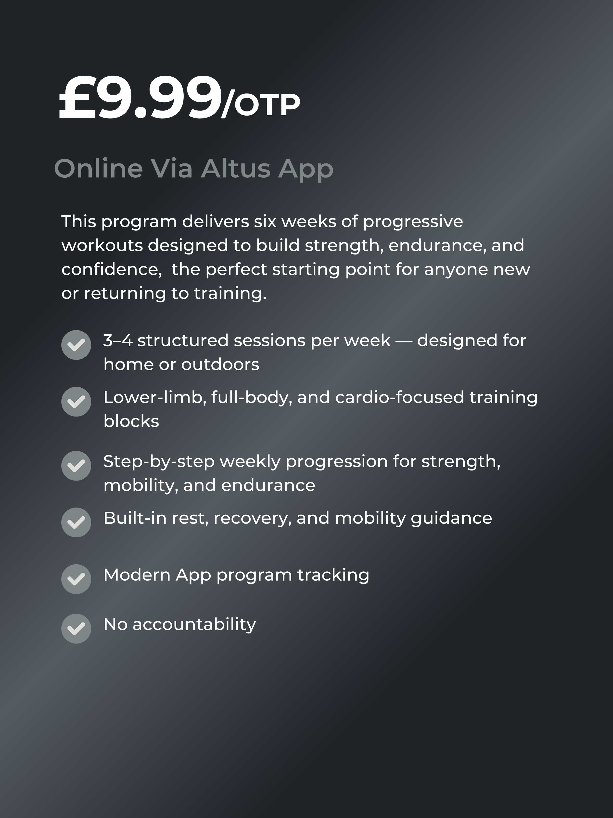 Advertisement for an online fitness program priced at £9.99 per month, offering six weeks of progressive workouts for strength, endurance, and confidence, available via the Altus app.