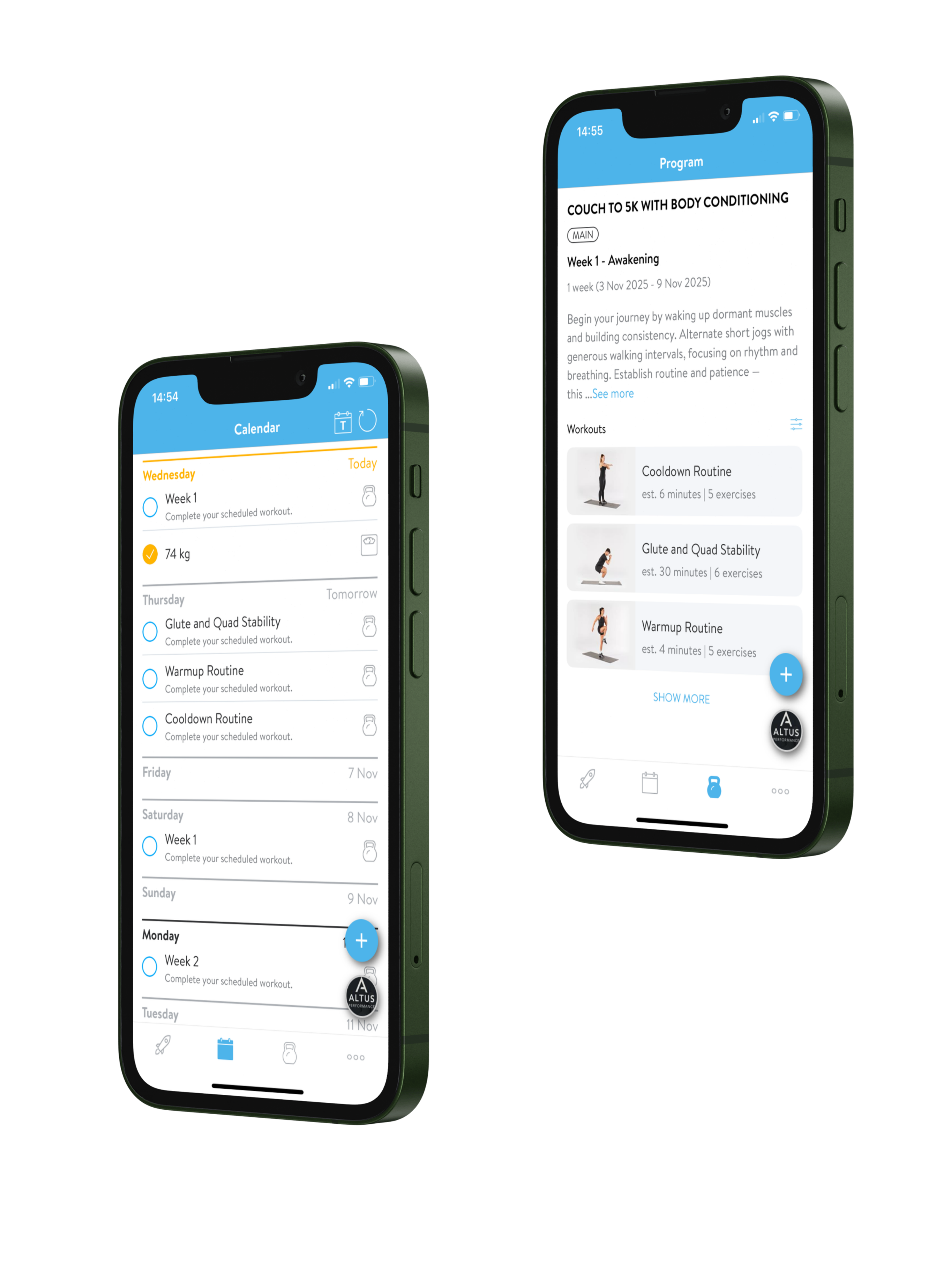 Two smartphones displaying fitness app screens, one showing a workout calendar and the other showing a program with exercises.