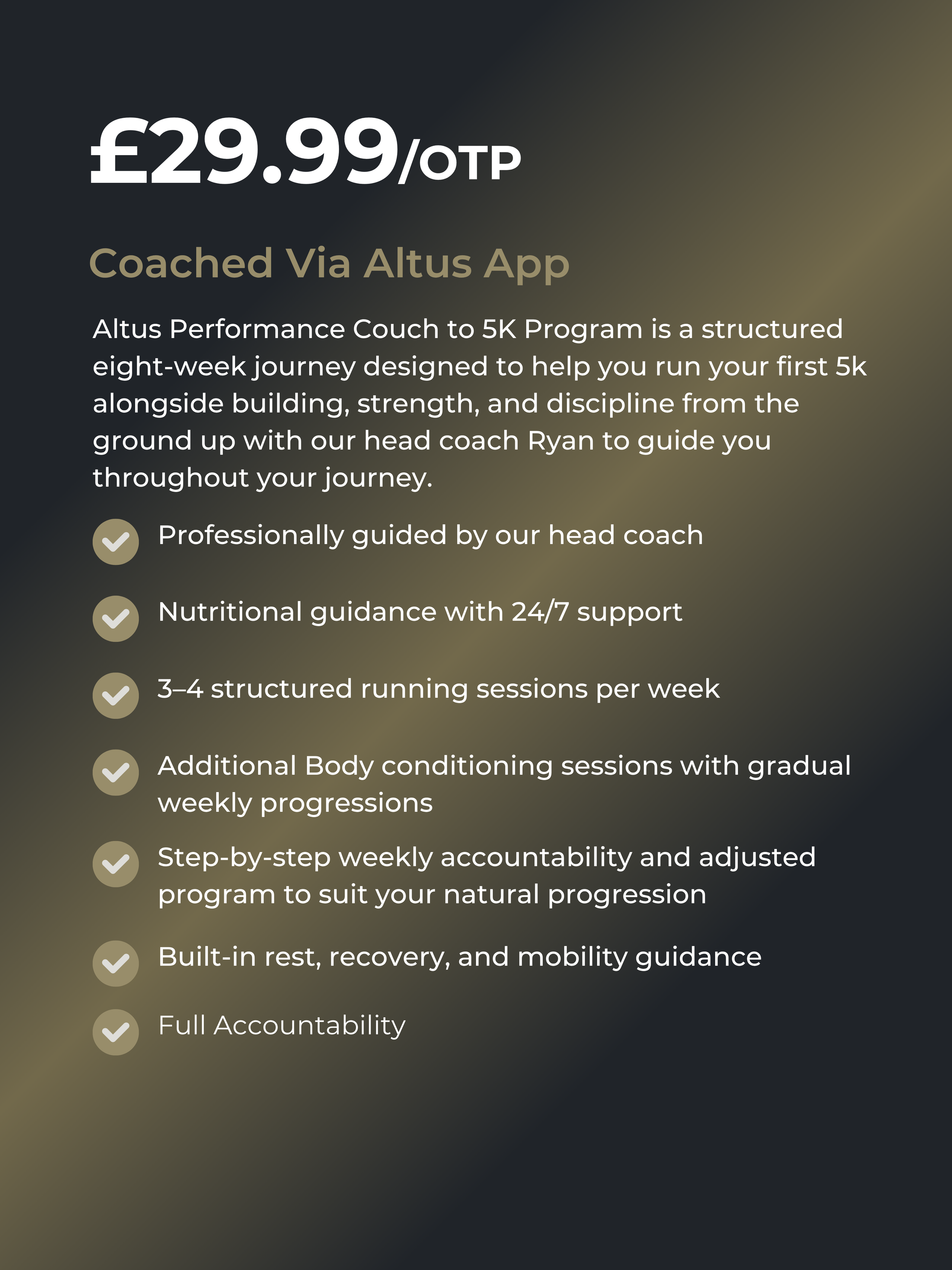 Promotion for an Altus Performance Couch to 5K Program priced at £29.99, offered through the Altus app, featuring structured eight-week running and conditioning sessions with professional coaching, nutritional guidance, built-in rest, recovery, and mobility advice.