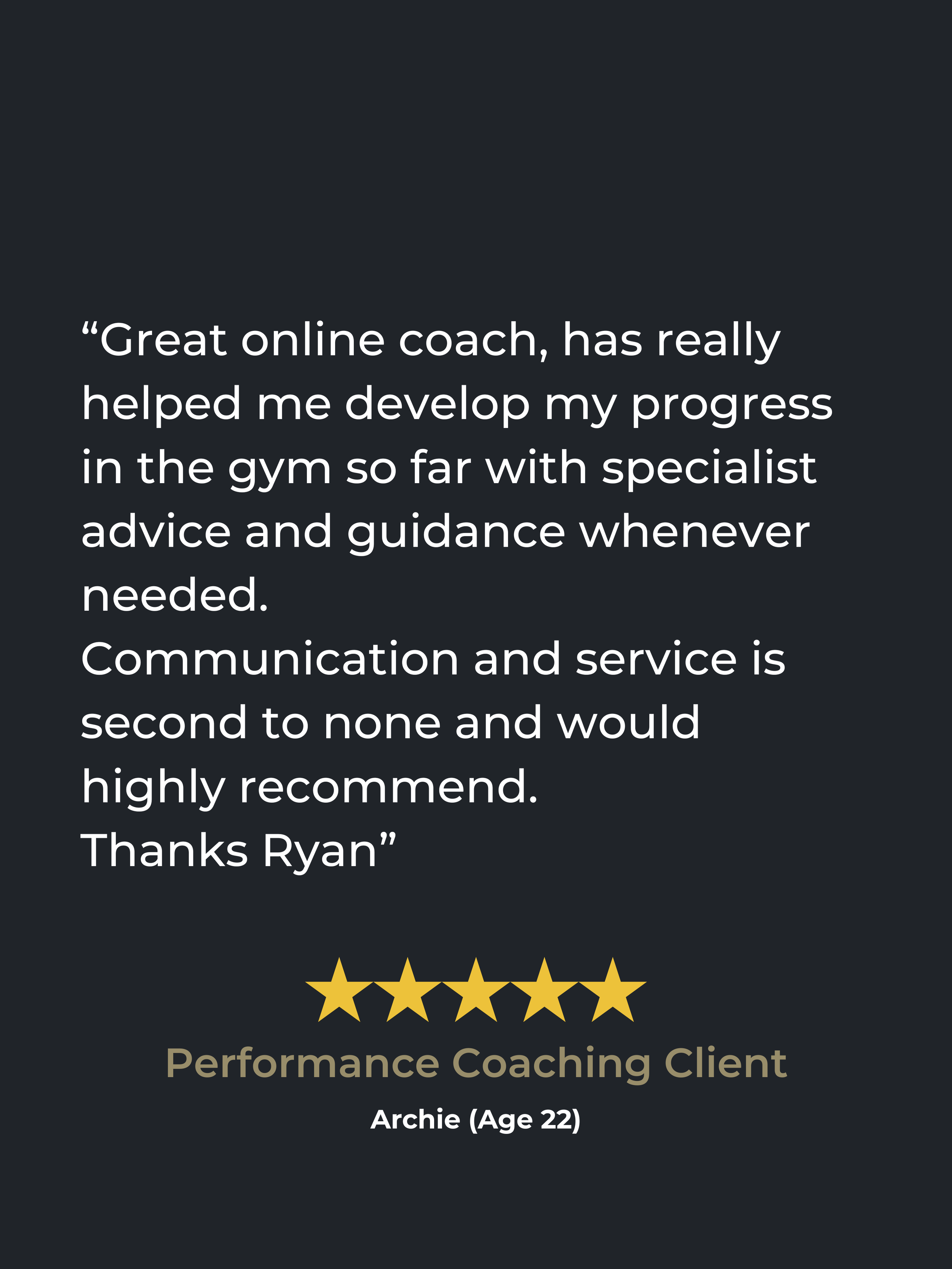 Customer testimonial with five-star rating, praising online coaching services from Altus Performance LTD for gym progress, communication, and guidance, signed by Archie, age 22. Eastbourne personal training.