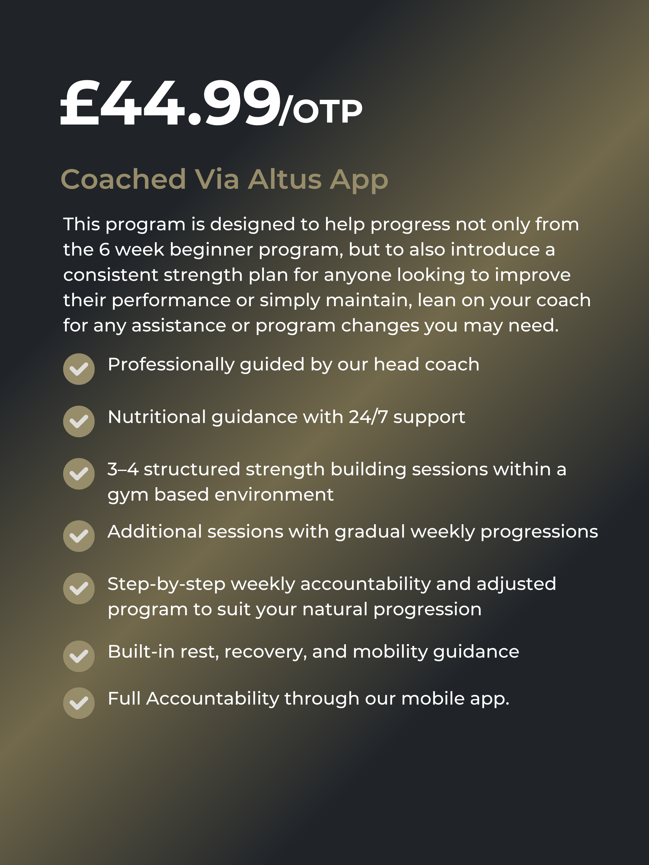 Fitness coaching program for £44.99 via Altus App, with details on providing structured strength training, professional guidance, nutritional support, and accountability.