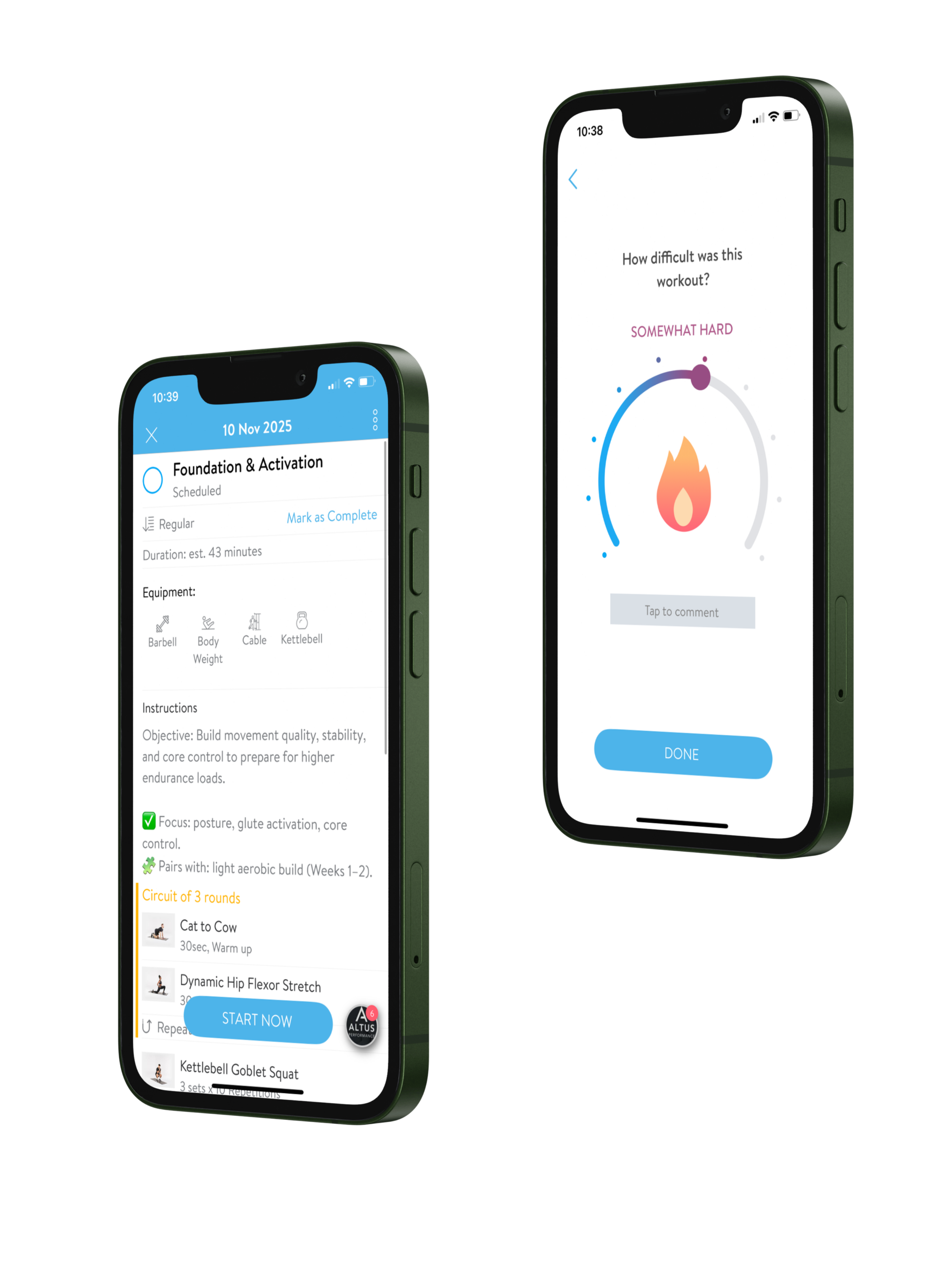 Two smartphones displaying a fitness app with workout instructions and a workout difficulty scale.