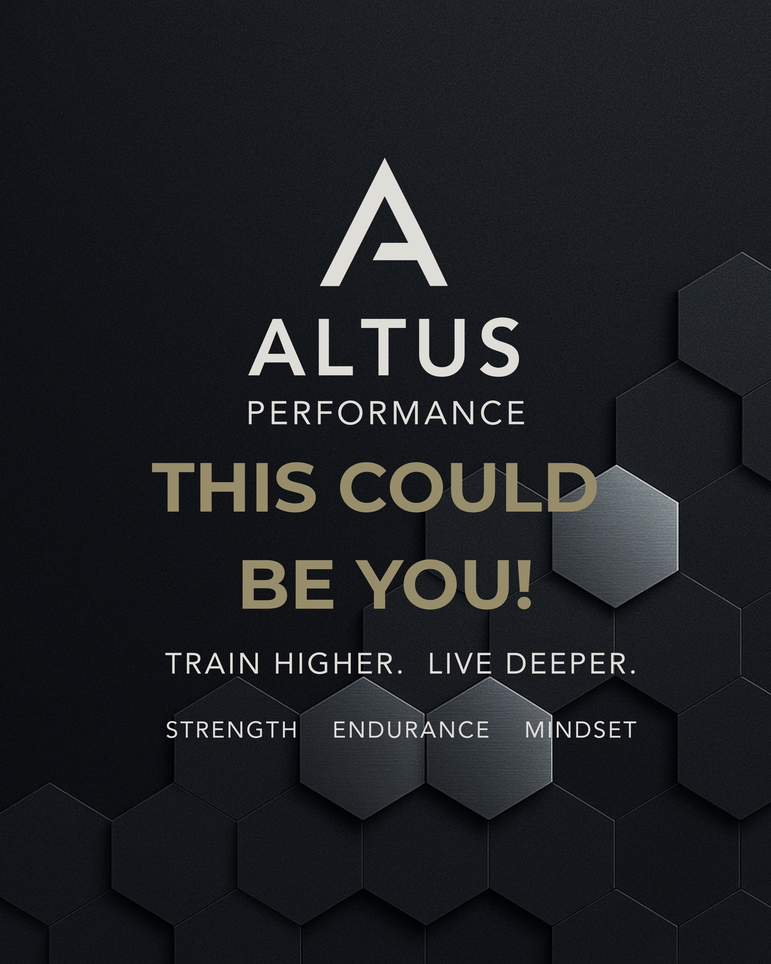 Dark background with hexagonal pattern and text promoting Altus Performance, emphasizing training and self-improvement.