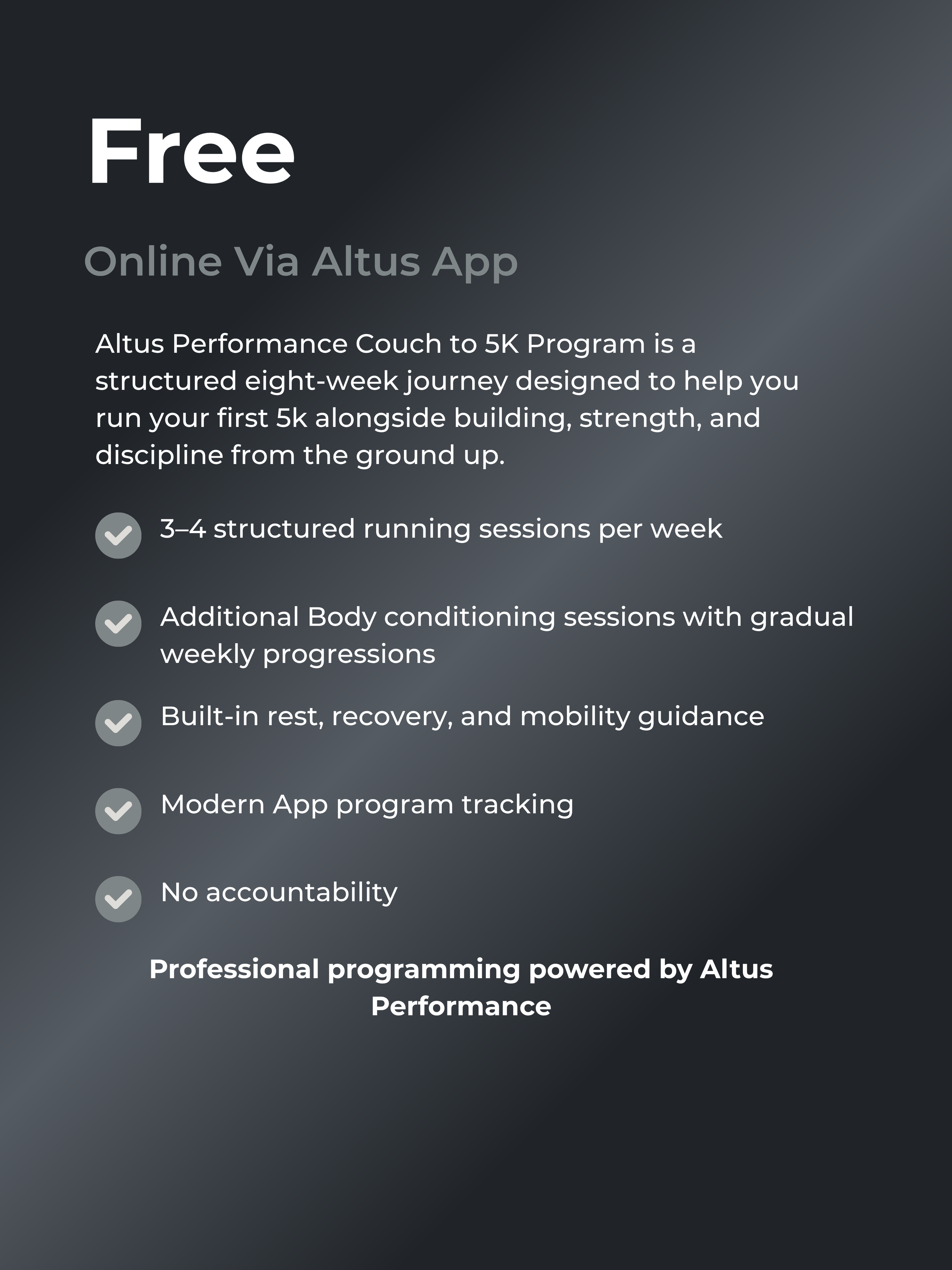 Online advertisement for a free Altus Performance Couch to 5K program, describing the structured eight-week journey with features like 3-4 running sessions per week, body conditioning, built-in rest, and app tracking.