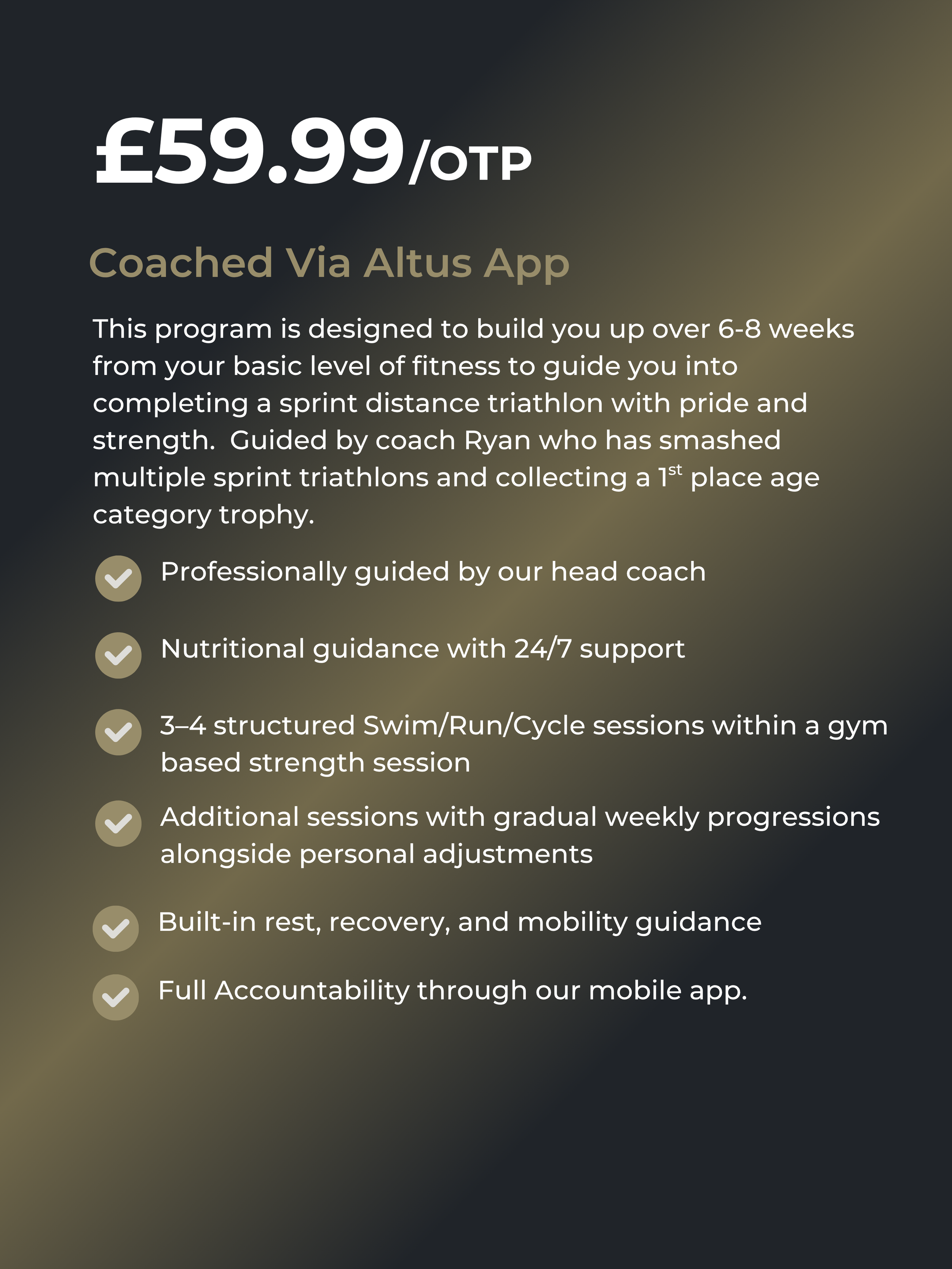 Advertisement for a fitness coaching program costing £59.99, guided via the Altus App, including professional coaching, nutritional support, structured sessions, personal adjustments, rest guidance, and mobile app accountability.