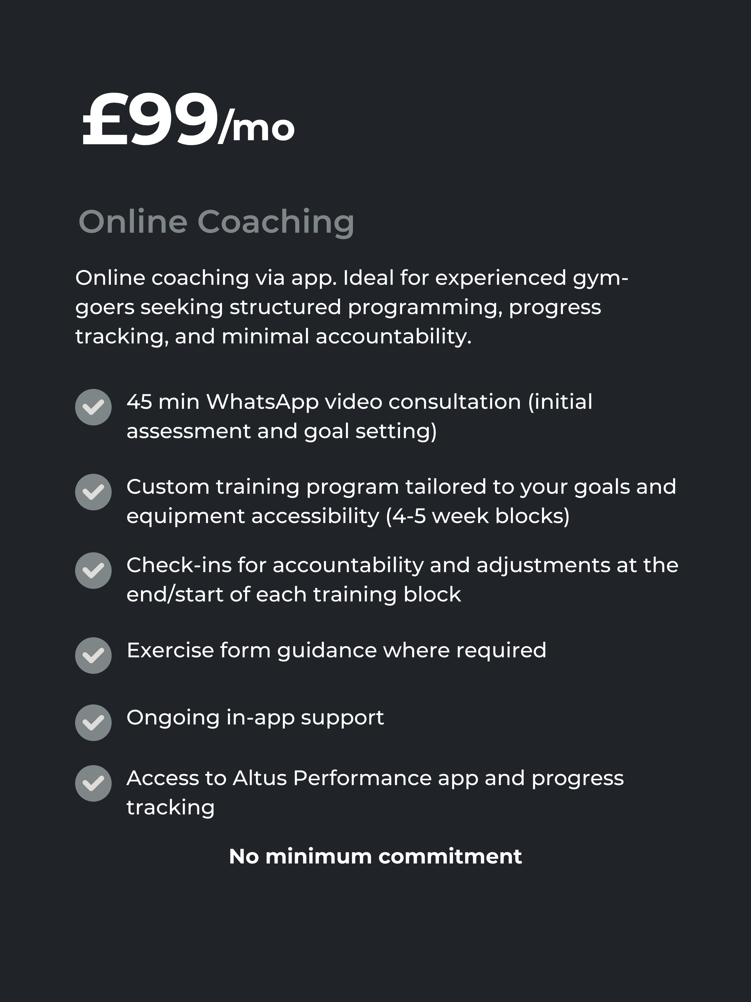 Online coaching offer for £99 per month with details of services including WhatsApp video consultation, tailored training programs, accountability check-ins, exercise guidance, support, and app access.
