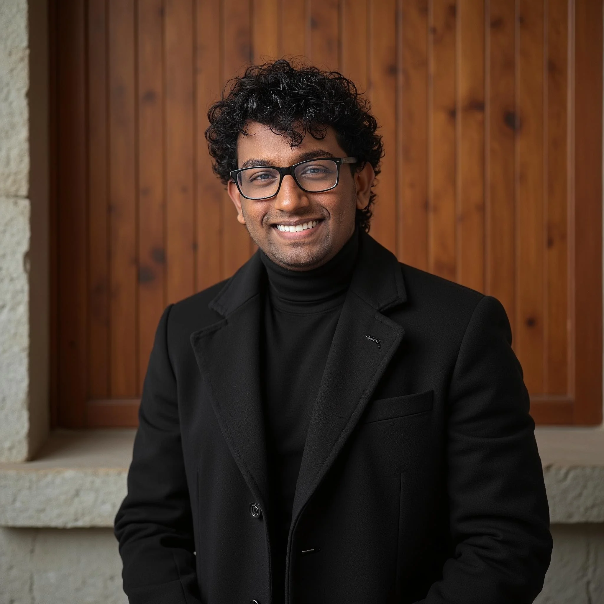 Smiling man with curly hair, glasses, wearing a black turtleneck and blazer, standing in front of a wooden wall.