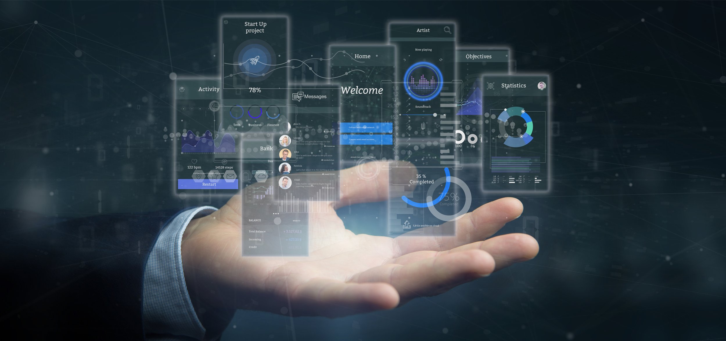 Hand holding a transparent digital interface with charts, graphs, and icons for project management and data analysis.