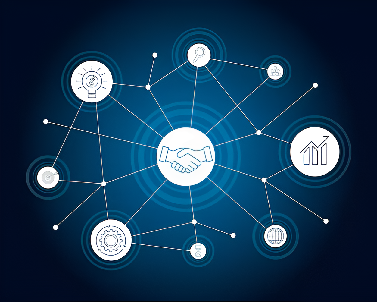 Digital graphic of interconnected icons representing collaboration, growth, analysis, innovation, and technology, centered around a handshake symbolizing partnership.