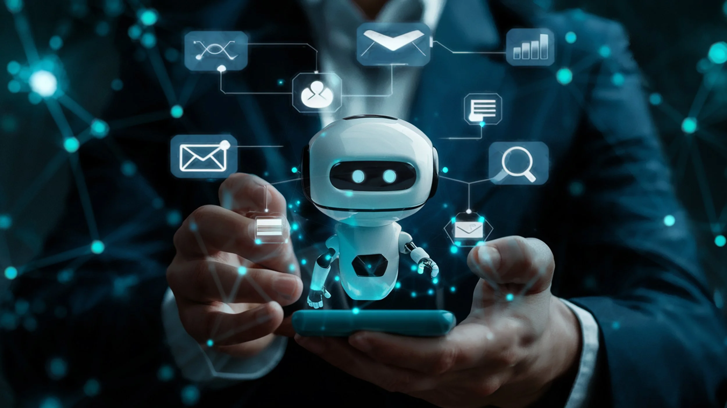 A person in a business suit using a smartphone, with a digital robot and floating icons representing messaging, search, email, and data analysis in a technological network background.