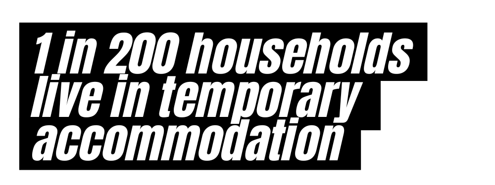 Text statement highlighting that 1 in 200 households live in temporary accommodation.
