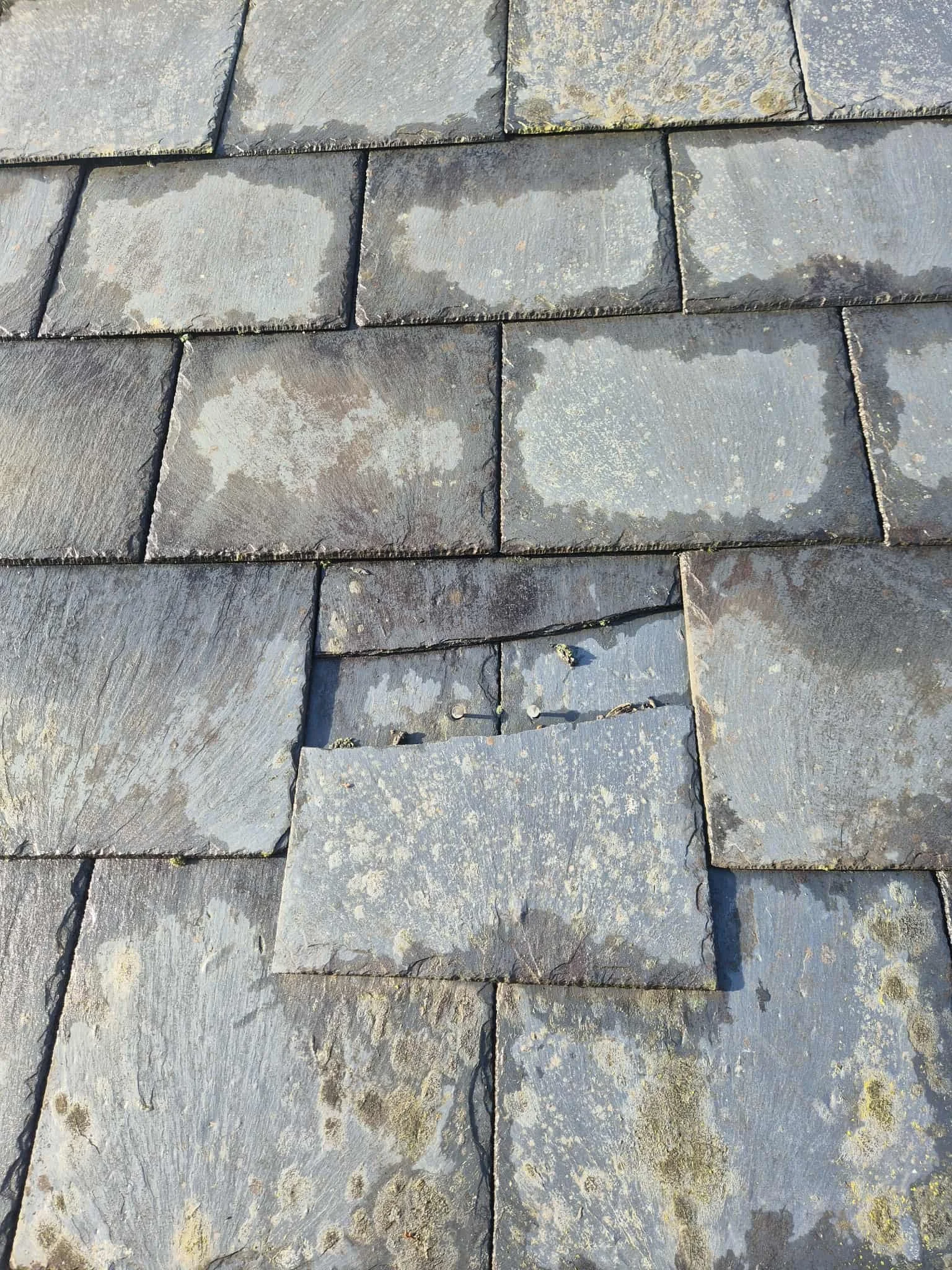 Close-up of weathered slate roof shingles with some moss and dirt.