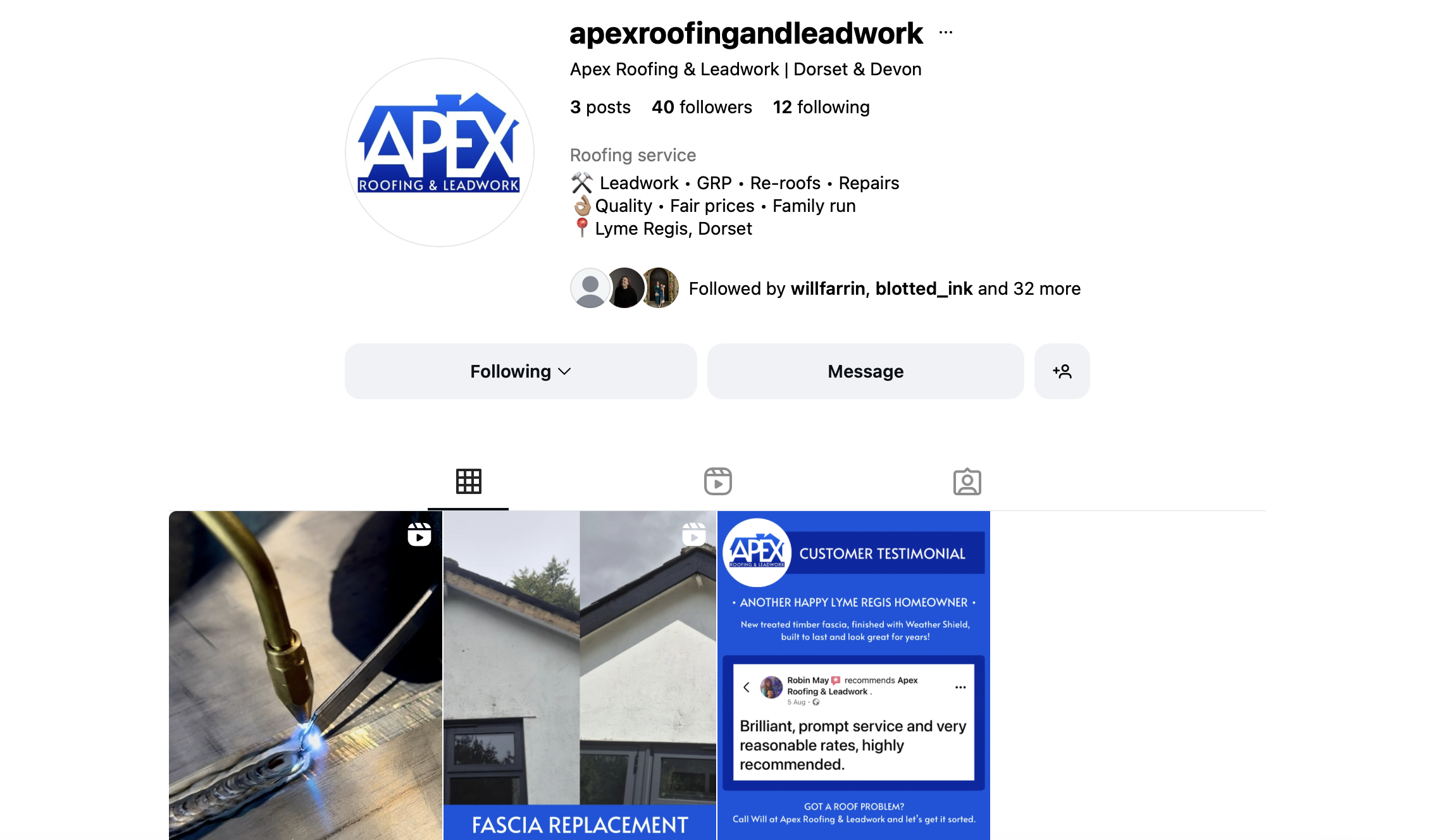 apex roofing and leadwork instagram page showing welding fascia replacement and reviews
