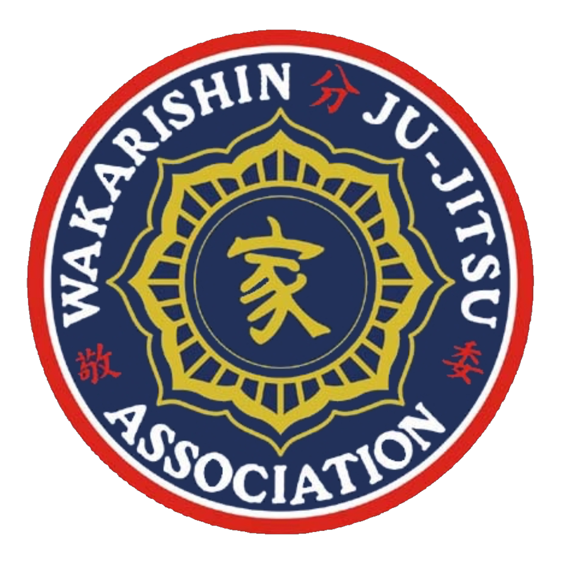 Emblem of the Wakarishin Ju-Jitsu Association with a blue background, gold and red text, and a central design of interwoven Japanese characters surrounded by a decorative pattern.