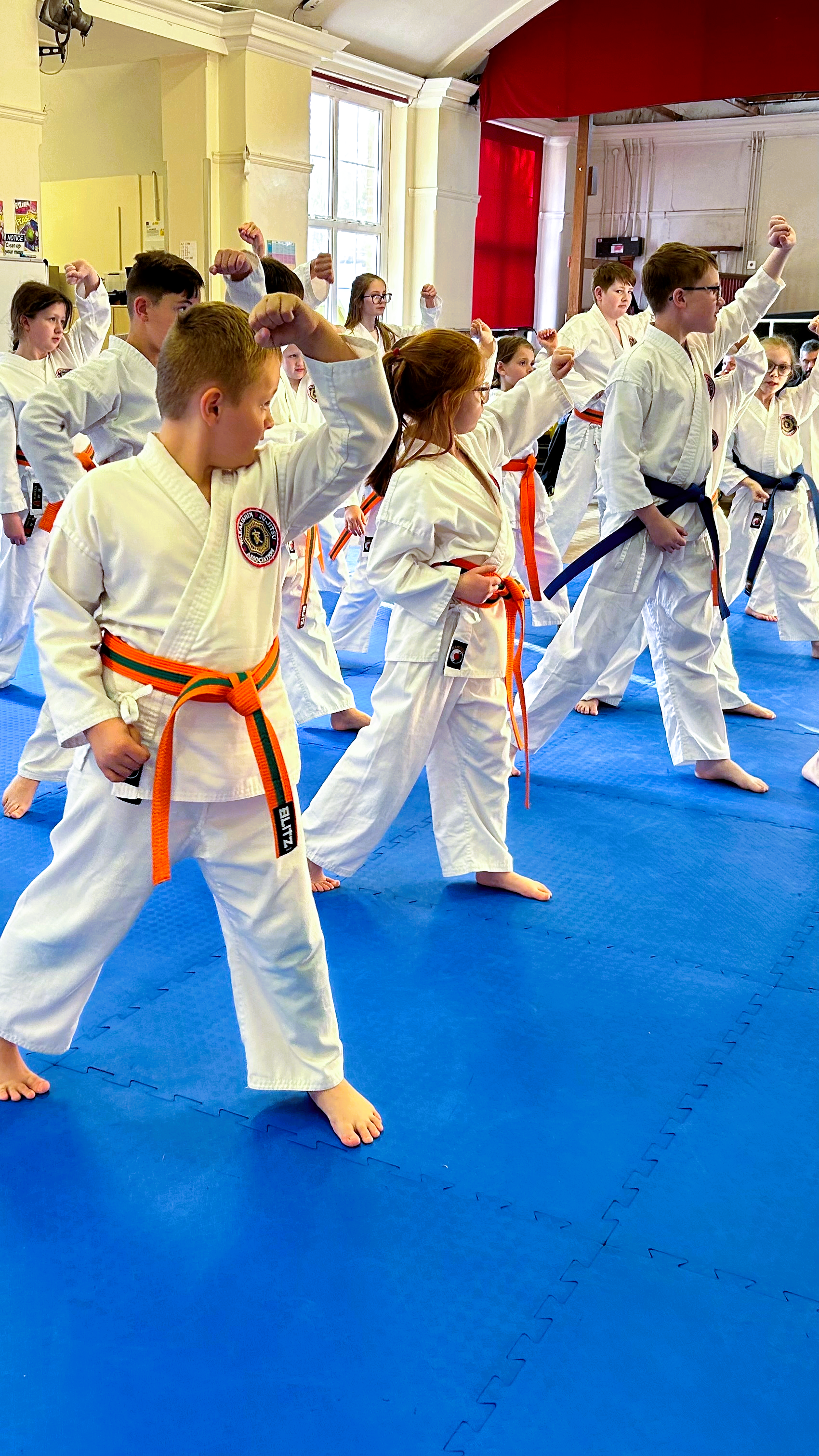 Children practicing Ju Jitsu in a dojo, wearing white gi uniforms with coloured belts, on blue mats.