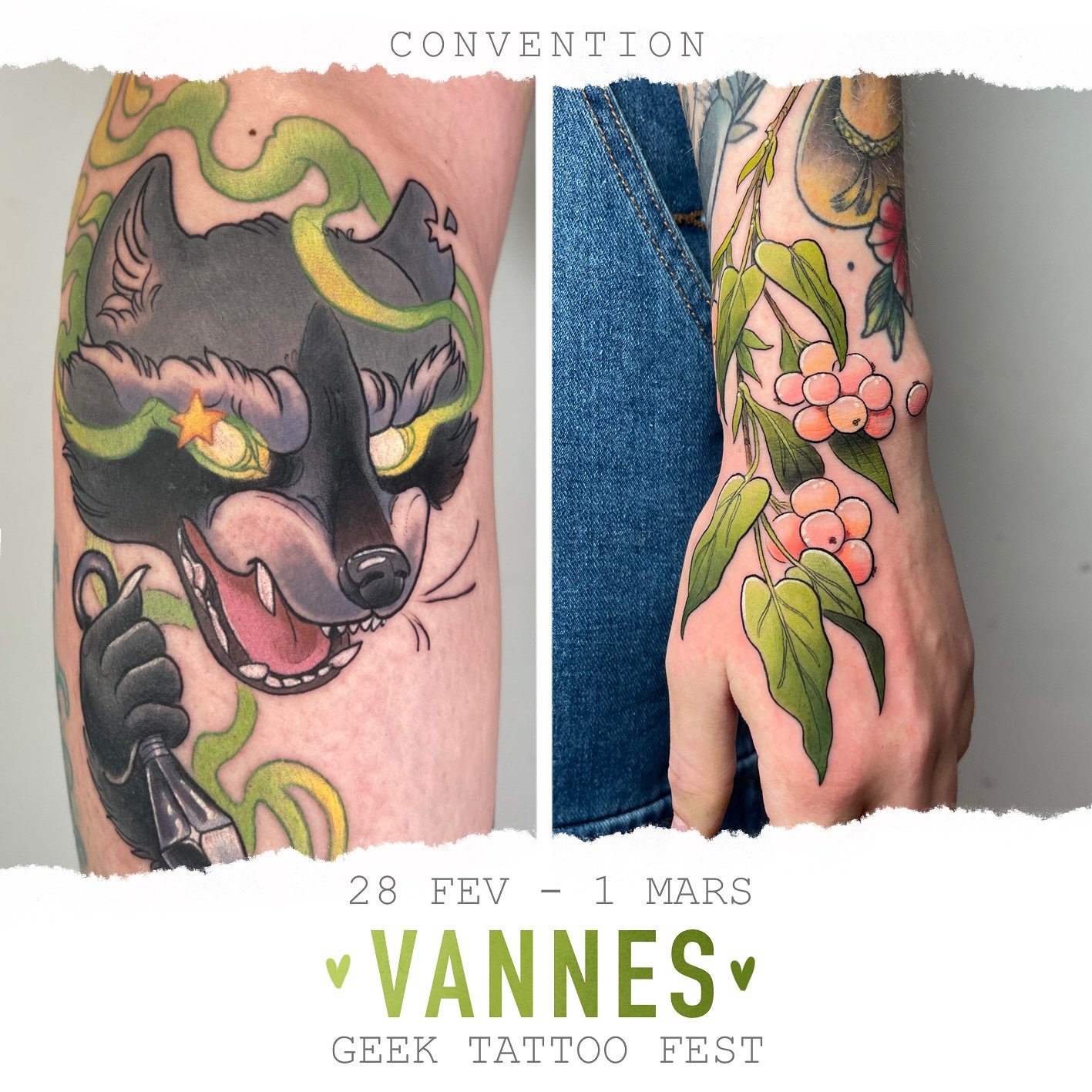 ✨ Hello Vannes ✨

Je viens vous tatouer plein de projets trop cool du 28 f&eacute;vrier au 1er mars lors du @geek.tattoo.fest 🥳

Au programme :
💖 flash et projets perso 
💖 couleurs ou noir et gris
💖 des illus, broderies et peintures &agrave; ache