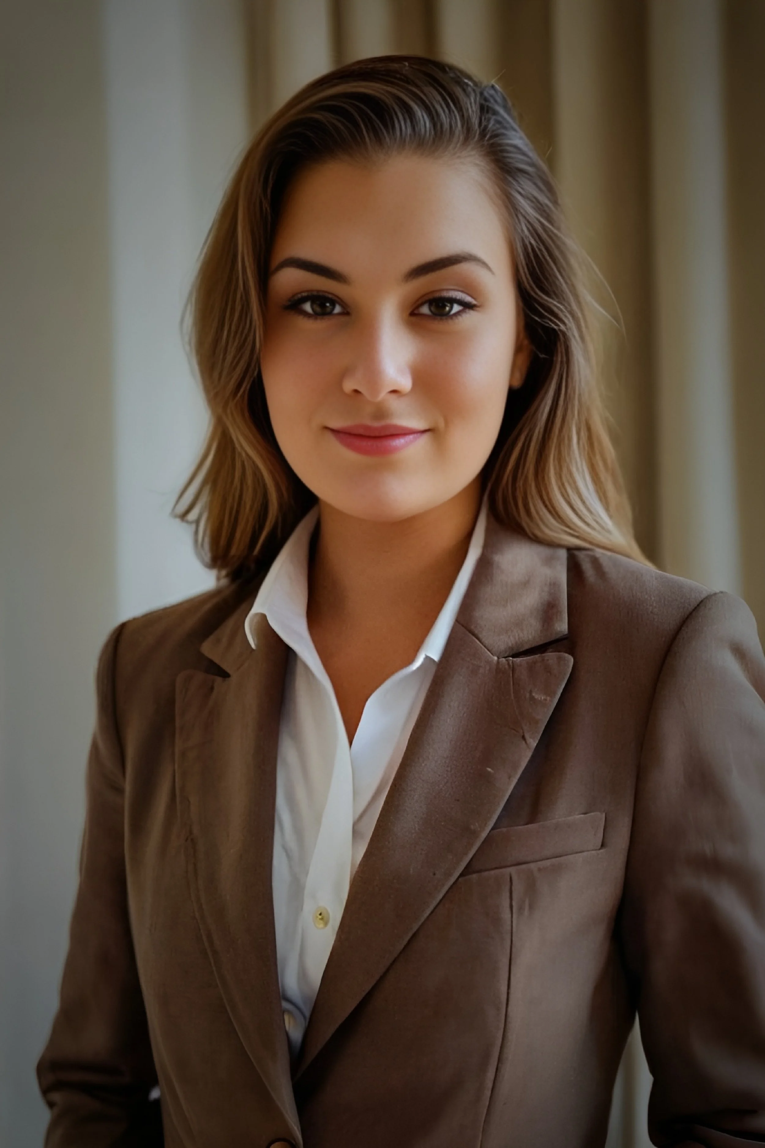 A young woman with shoulder-length light brown hair wearing a brown blazer over a white shirt, standing indoors near a window with curtains, smiling at the camera.