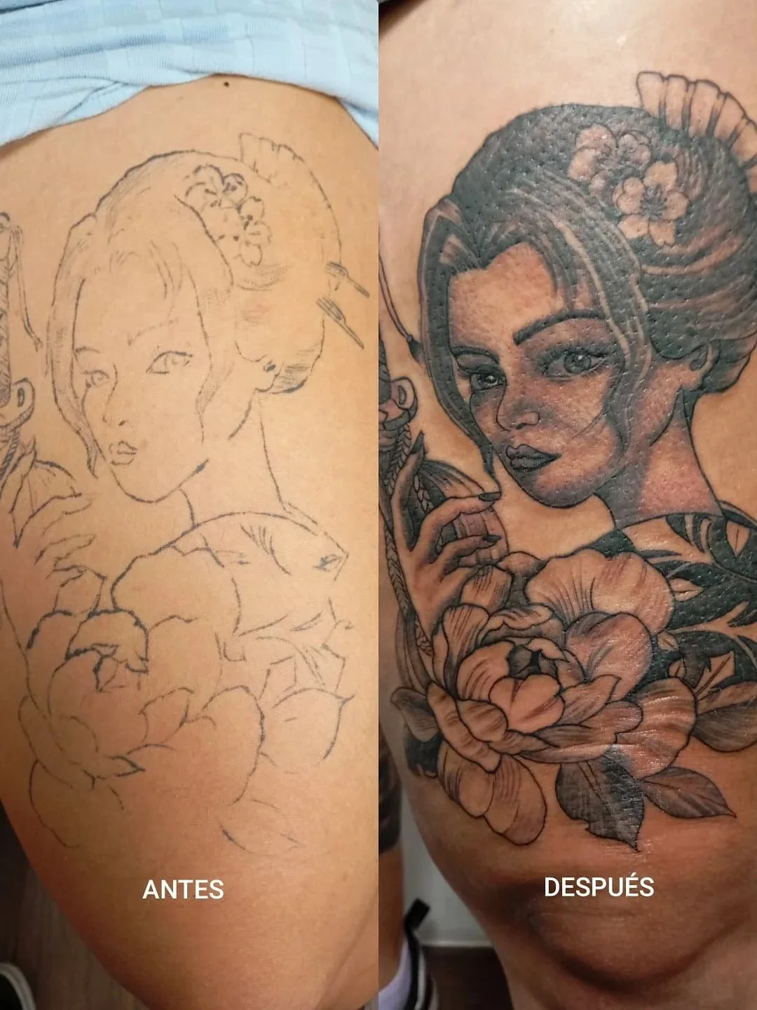Evolución de un tatuaje de rostro femenino con flores, mostrando la comparación del antes y después del tatuaje terminado.