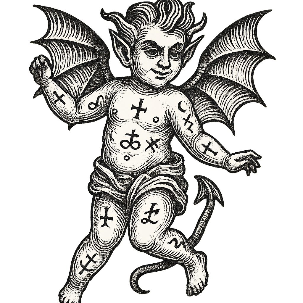 Dibujo en blanco y negro de un pequeño diablillo con alas, cuernos y cola, con símbolos en su cuerpo, una expresión traviesa y características demoníacas.