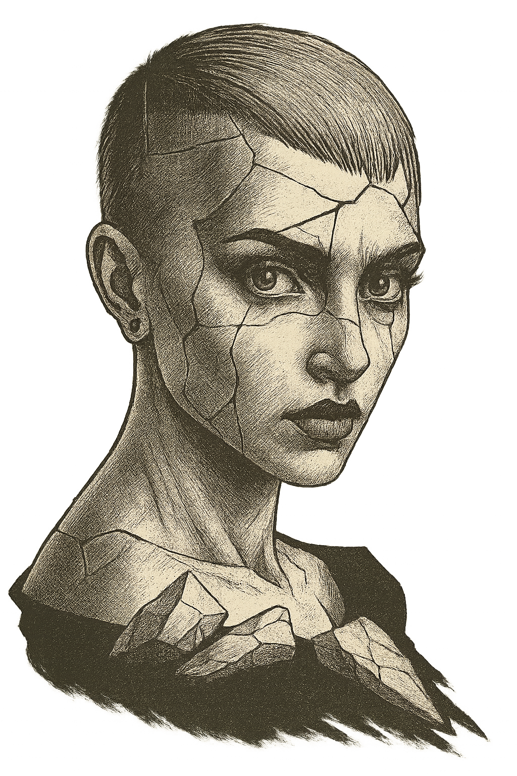 Dibujo en tonos oscuros de una mujer con cabello corto y cejas oscuras, con un delicado maquillaje y una expresión seria, rodeada de líneas que parecen fracturas o grietas en su rostro y cuello, y con detalles de rocas en su hombro.